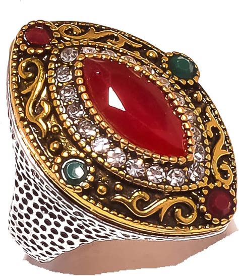 Turkish Style Ethnic Ring Green Emerald Red Ruby Simulated Brass And