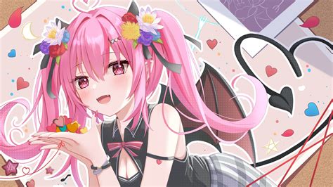 Open Mouth Pink Hair Demon Horns Fork Pink Eyes Demon Girls Bow