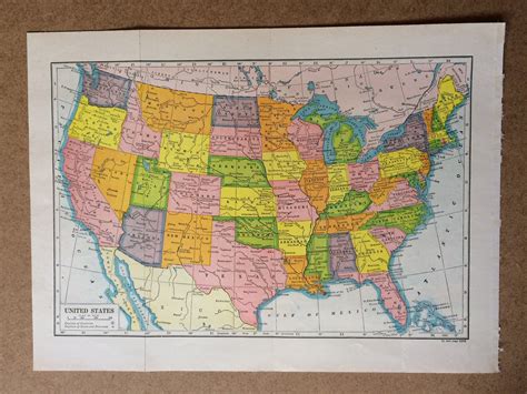 1940s United States Original Vintage Map Colourful Wall Decor Usa
