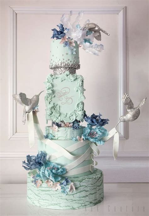 Unique Blue Flower Detailed Pale Green Wedding Cake