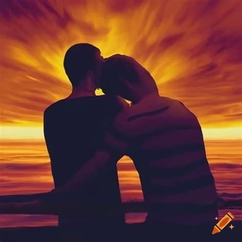 artistic portrayal of two men embracing at sunset