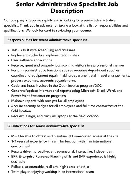 Senior Administrative Specialist Job Description Velvet Jobs