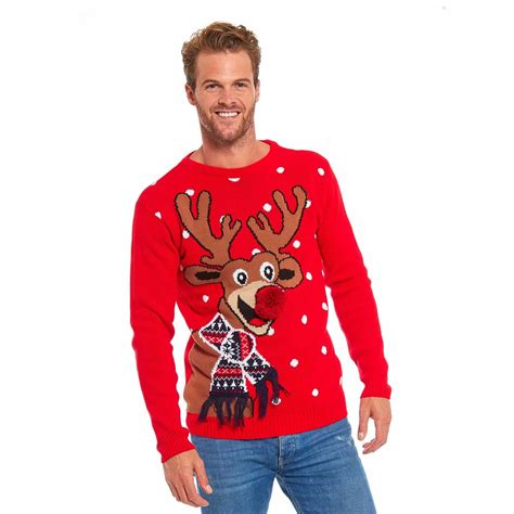 Mens Funny Christmas Sweater With Reindeer Pom Pom Nose Christmas
