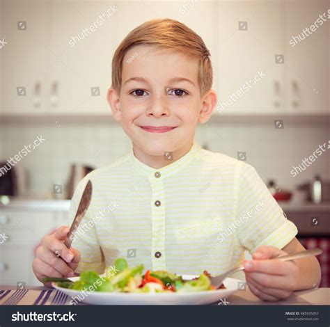 Young Diligent Boy Table Eating Healthy Stock Photo 485935057