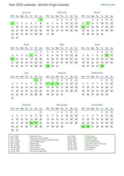Calendar For 2023 With Holidays In British Virgin Islands Print And