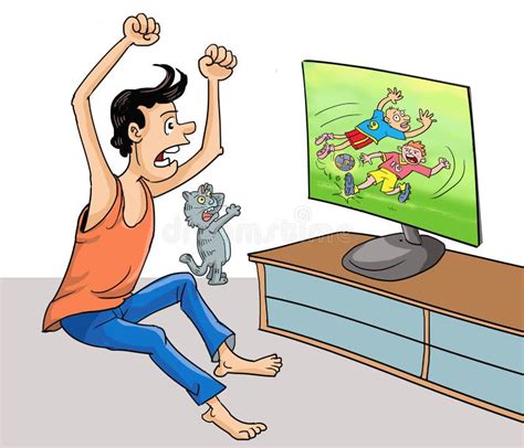 Hombre Viendo Fútbol En Ilustración De Caricatura De Televisión Stock de ilustración