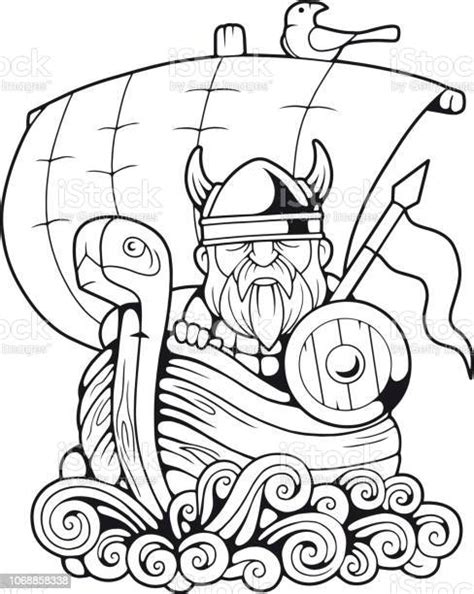 Komik Viking Boyama Kitabı Gemi Yüzer Stok Vektör Sanatı And Viking‘nin