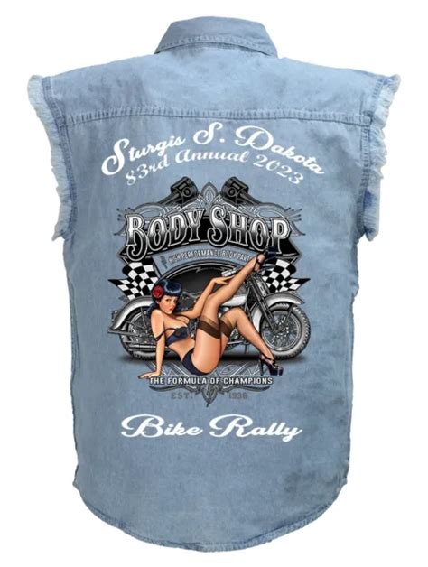 Mens Sturgis Bike Rally 2023 Body Shop Pinup Babe Blue Denim Biker Shirt 3397 Picclick