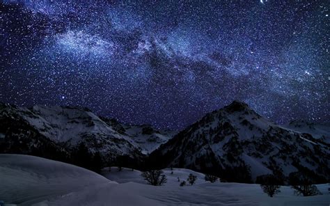 Mountains Landscapes Nature Winter Snow Night Stars Galaxies