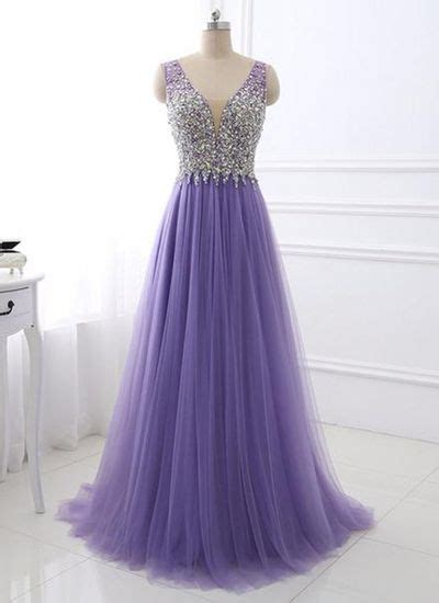 Purple Tulle V Neck Silver Beaded Long Evening Dress Purple Halter