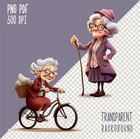 12 Png Funny Cheerful Old Lady Clipart Watercolor Cartoon Grandma