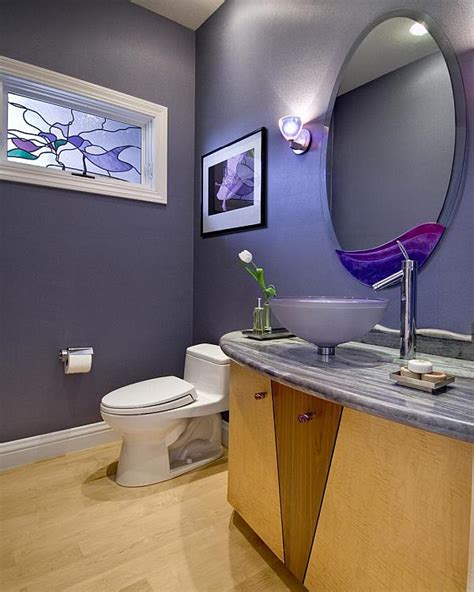 Purple Powder Room With Colorful Art Glass Window Decoist