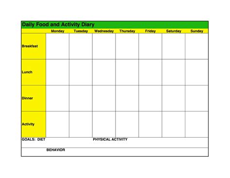 This food diary has a tracker for recommended servings of dairy, protein, grains, fruits, and vegetables. Food log template Printable In excel Format