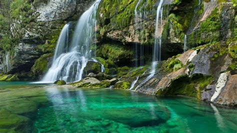 Waterfall Lake Slovenia Rocks For Phone Wallpapers 1920x1080