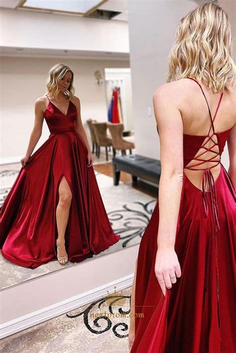 burgundy a line sleeveless spaghetti straps lace up satin long prom dress next prom dresses