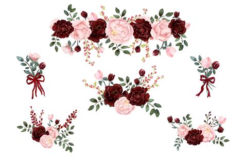 Blush And Burgundy Watercolor Clip Art Floral Watercolor Burgundy