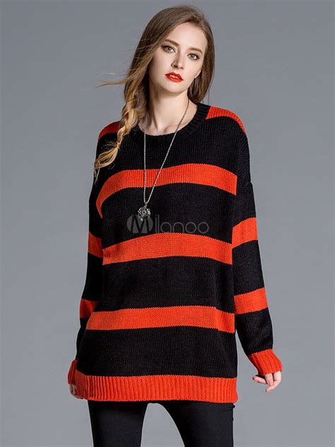 Womens Pullover Sweater Two Tone Striped Long Sleeve Split Oversized Knit Sweater
