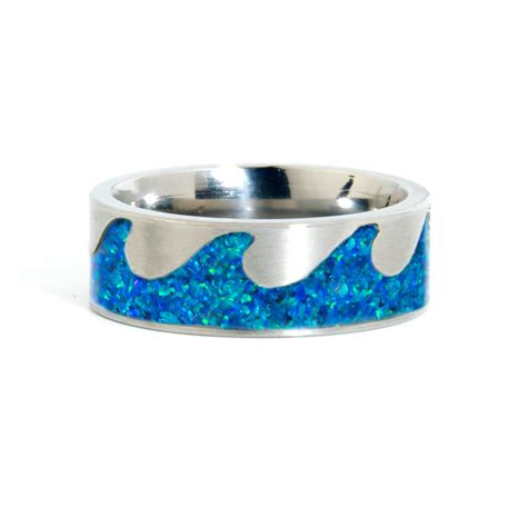 Ocean Waves Titanium Ring With Blue Opal Inlay Titanium Rings Rings