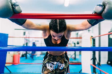 Exhausted Female Boxer Leaning Over Boxing Ring Ropes Stock Photo
