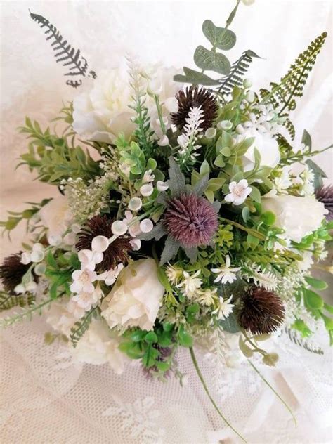 Scottish Thistles Wildflowers Artificial Brides Bouquet White Etsy