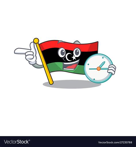 With Clock Flag Libya Cartoon Isolated Mascot Vector Image