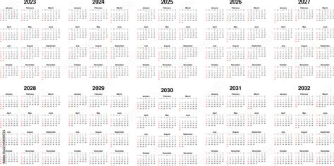 Ten Year Vector Calendar 2023 2024 2025 2026 2027 2028 2029 2030
