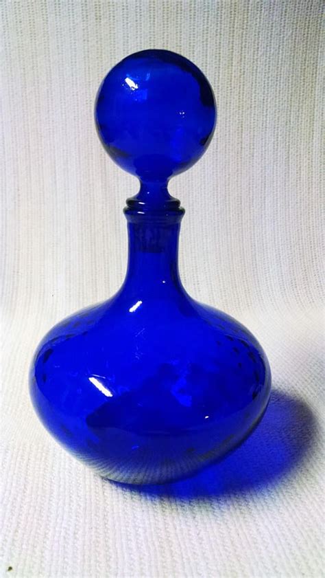 Vintage Cobalt Blue Glass Decanter Bottle With Diamond Optic Swirls And Large Ball Stopper