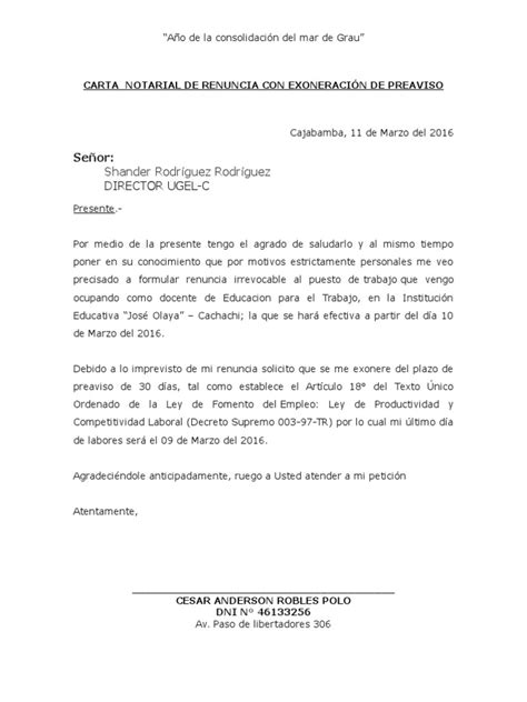 Modelo Carta Renuncia Exoneracion Preaviso Laboraperu Pdf