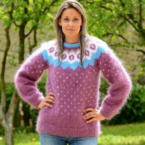 Icelandic Nordic Hand Knit Mohair Sweater Lilac Blue White Fuzzy