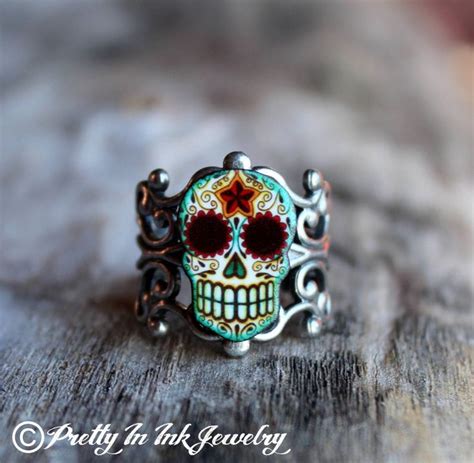 Day Of The Dead Filigree Sugar Skull Ring In An Antiqued Silver Finish