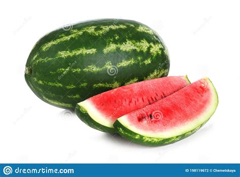 Delicious Whole And Cut Watermelons Isolated On White Stock Photo