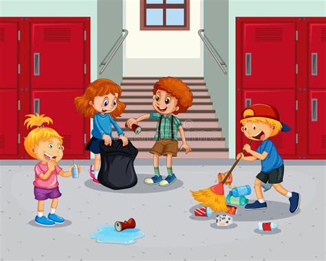 Student Cleaning School Hallway Stock Vector Illustration Of School