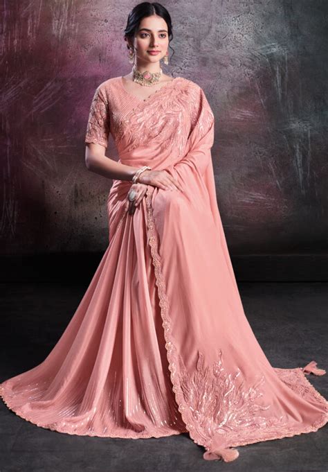 party wear fancy saree in rose pink colour