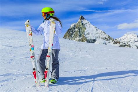 Teenage Girl Skiing In Swiss Alps In Sunny Day Stock Photo Image Of