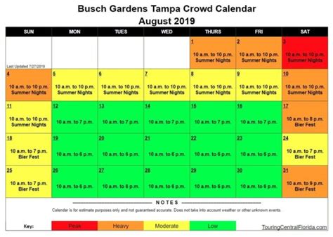 Busch Gardens Tampa - Crowd Calendar - August 2019 - Touring Central