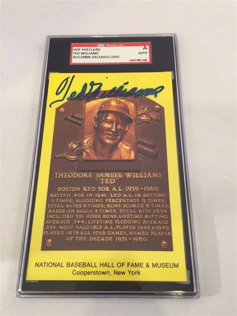Ted Williams Signed Autographed Hall Of Fame Hof Plaque Postcard Sgc Coa