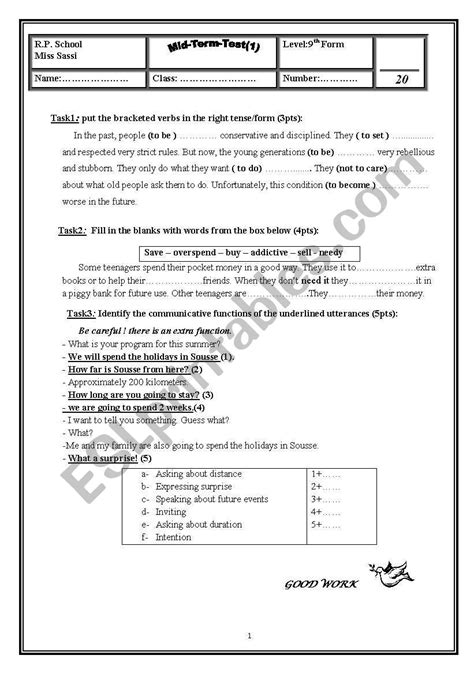 Mid Term Test N°1 Esl Worksheet By Kaousassi