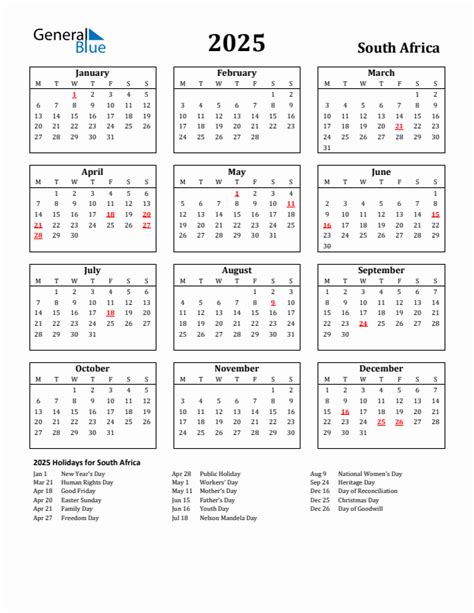 2025 South Africa Calendar With Holidays