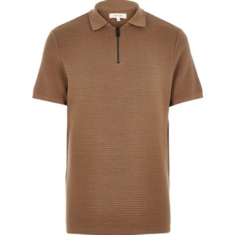 River Island Synthetic Light Brown Textured Zip Neck Polo Shirt For Men