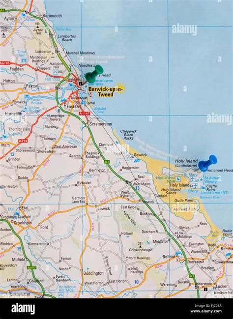 Road Map Of The North East Coast Of England With Map Pins Stock Photo