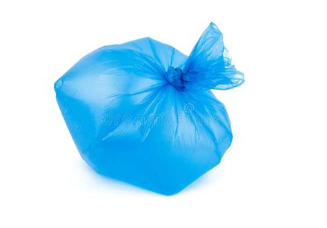 Transparent Blue Plastic Garbage Bag Inflated And Tied In A Knot Stock