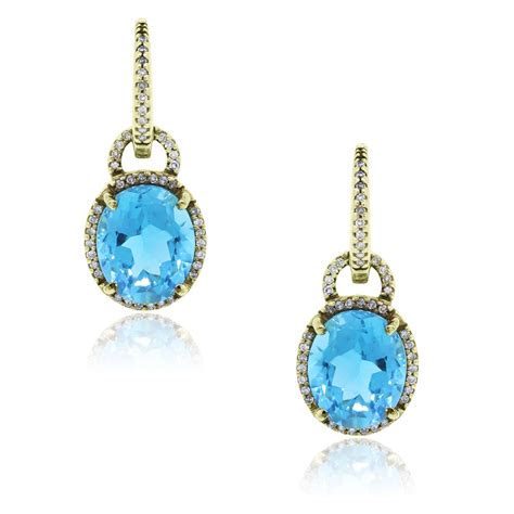 14k Yellow Gold Blue Topaz 50ctw Diamond Dangle Earrings
