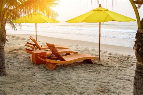 Beach Chair Under The Big Umbrella And Was On The Beach Beautiful