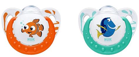 Two Pacifiers With Cartoon Fish Designs On Them One Is Orange And The