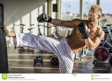 Shirtless Young Man Doing Flying Kick Stock Image Image Of Kicking