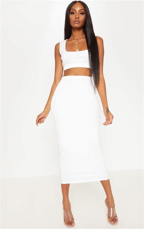 image white two piece strappy heels 5ft curves midi skirt two piece skirt set crop tops
