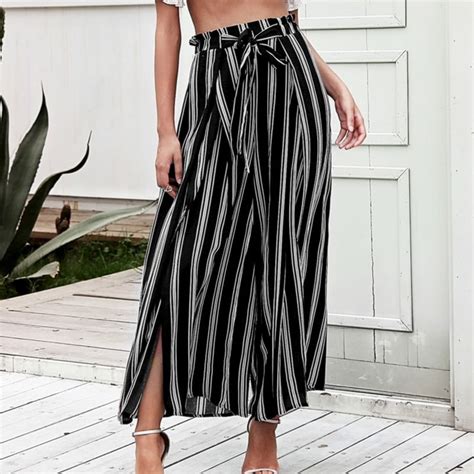 Summer Women Striped Wide Leg Pants Split Elastic High Waist Beach Sashes Trousers Streetwear