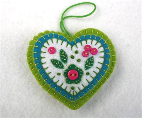 Handmade Felt Heart Ornament Pink And Green Embroidered Heart Ornament