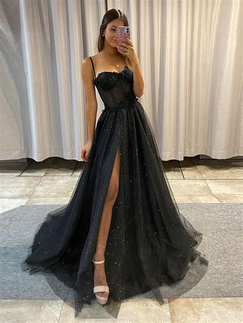 Keily Black A Line Spaghetti Straps Glitter Tulle Prom Dress With Slit