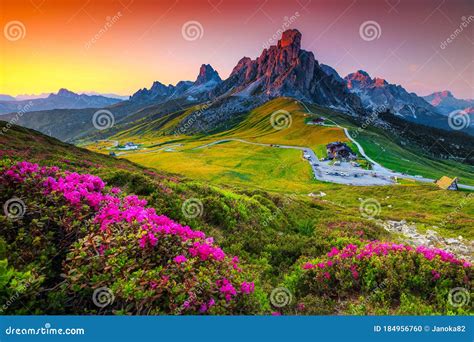 Mountain Pass With Flowery Fields On The Hills Dolomites Italy Stock